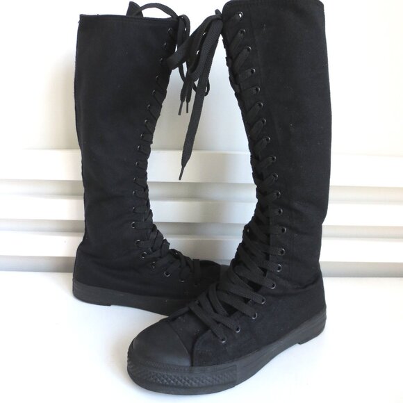KNEE HIGH CANVAS WOMEN'S LACE UP BOOTS BLACK Sz-8 - Picture 2 of 7